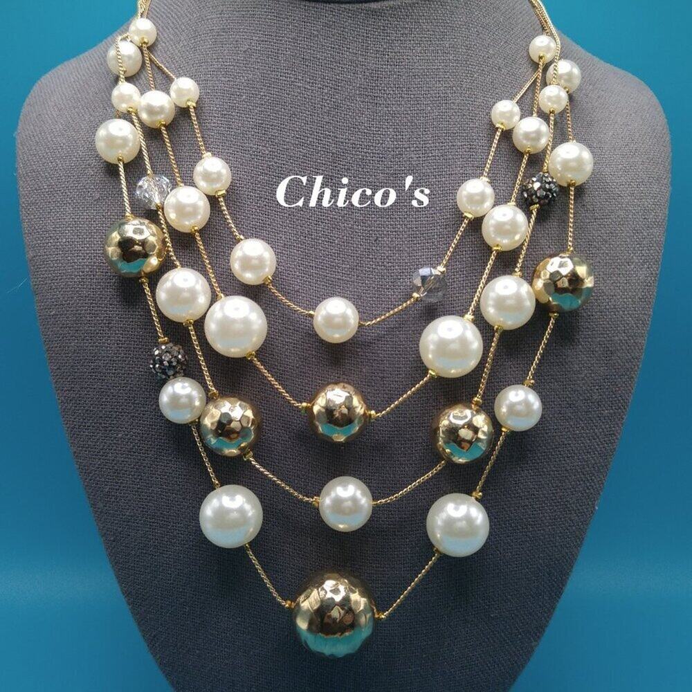 Chico's Faux Pearl Necklace, Four Strands, Gold Silver Rhinestone Beads, 20 Inch